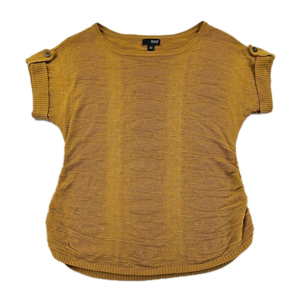 ANA A New Approach Womens Knit Top M Mustard Yellow Sweater Shirt Geometric Cuff